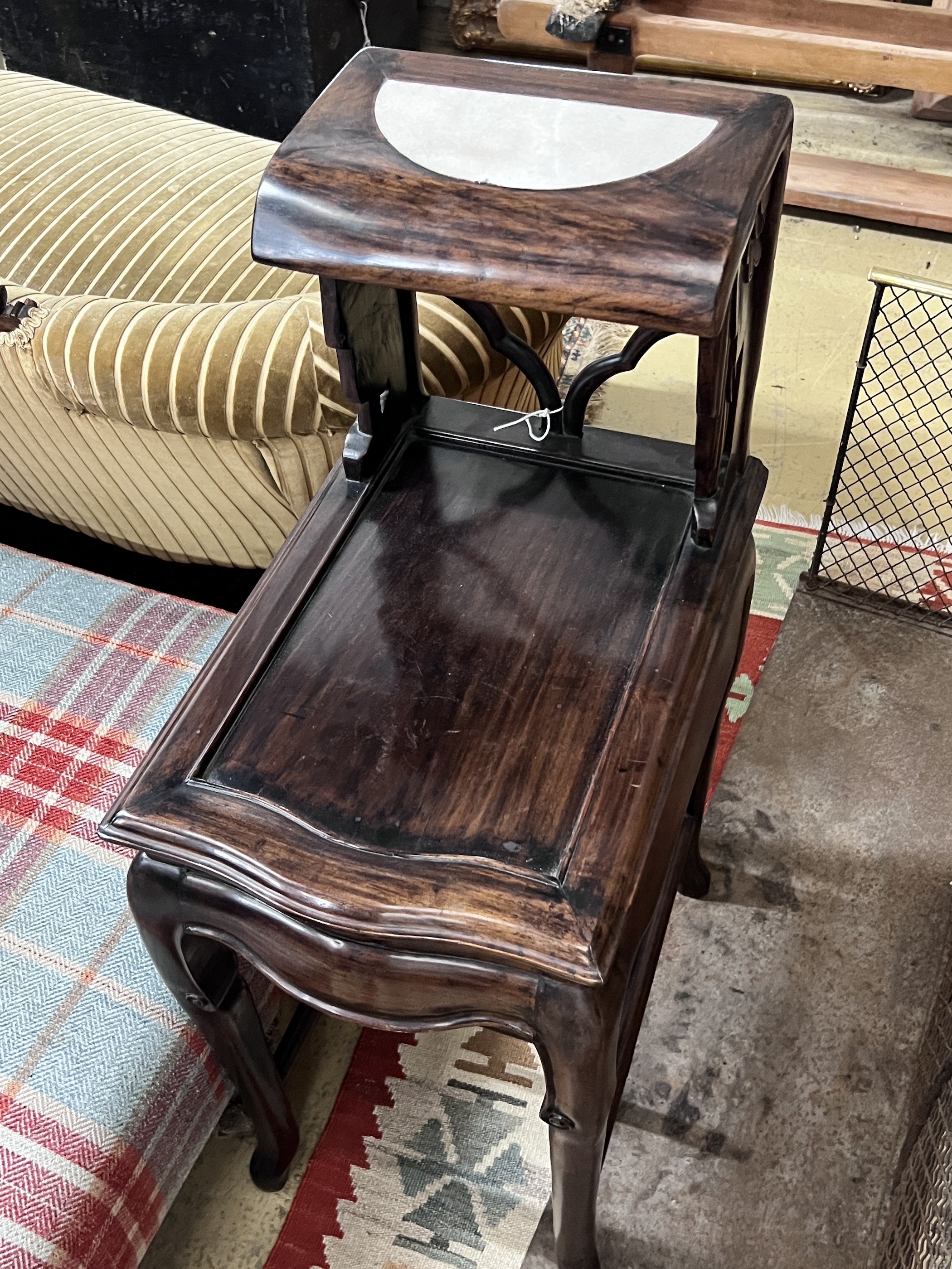 A Chinese Hongmu two tiered bedside table, width 32cm, depth 45cm, height 85cm